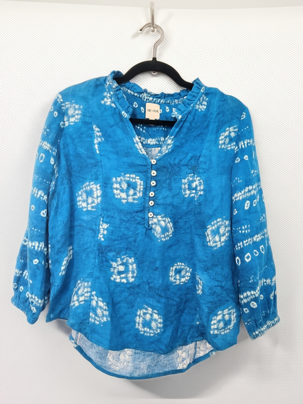 NIC+ZOE Blue And White Button Front Henley 3/4 Sleeve Tunic Size XS